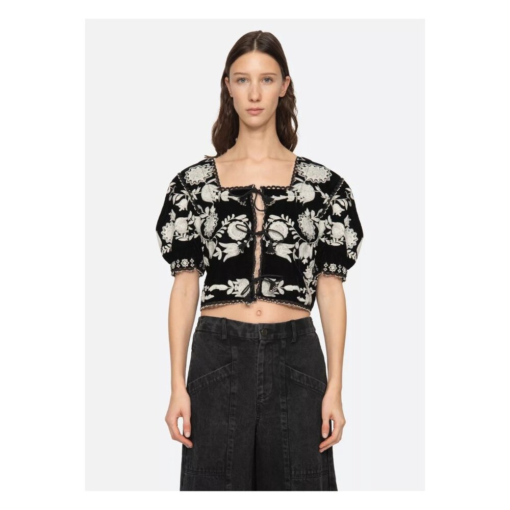 SEA New York Irene Black Velvet Floral Embroidered Beaded Tie Front Top, Size L
